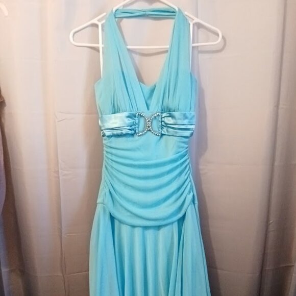 TABOO Formal Dress sz M Chiffon Midi Halter Aqua Blue sexy Wedding Prom Stretch! - Picture 2 of 11